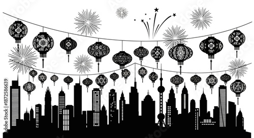 City skyline silhouette with festive fireworks and traditional Chinese lanterns strung across