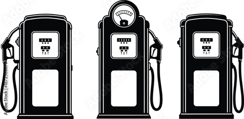 Vintage gas pump set vector illustration, retro fuel dispenser silhouettes collection, classic petrol station equipment design isolated on white 