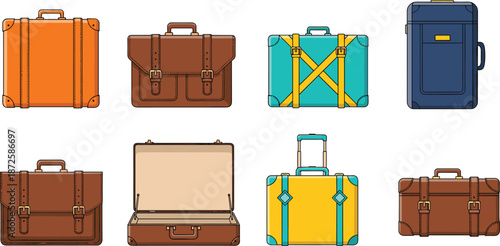 Vintage Travel Suitcase and Leather Briefcase Vector Illustration Set with Various Luggage Bags for Travel Tourism and Business Trip Design