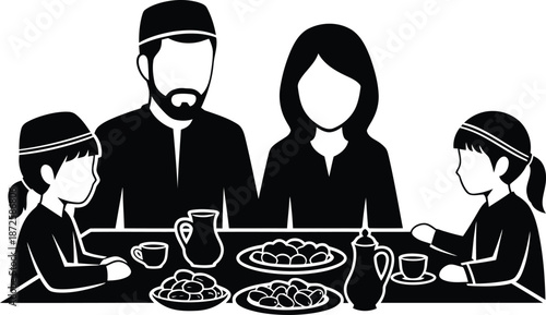 Family having iftar meal in ramadan kareem silhouette