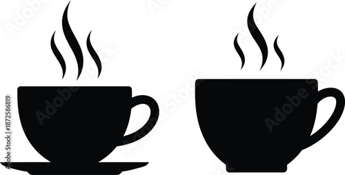 Coffee cup and tea mug silhouettes with hot steam vapors icons