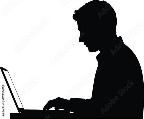 Silhouette of man using laptop against transparent backdrop