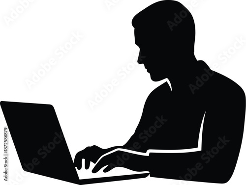 Silhouette of man working on laptop against transparent background