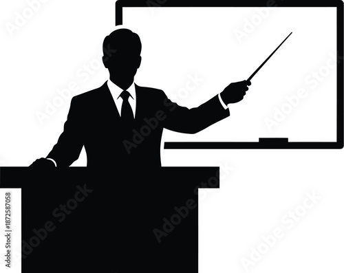 Silhouette of a teacher in suit with pointer at blackboard