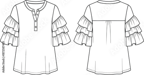 Women's Tiered Ruffle Sleeve Henley Blouse Flat Fashion Sketch, Technical Cad Drawing Flat Vector Illustration, Round Neck Short Sleeve Top Garment Template