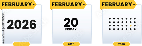 February 20 Friday 2026 calender icon set vector illustrator. Checklist day calendar. Schedule date, appointment, month, week, agenda, Containing, organization and event Editable line icons.