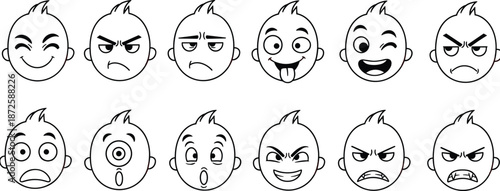 Cartoon boy emoji faces set showing happy angry surprised silly expressions, black outline character heads for stickers apps web design