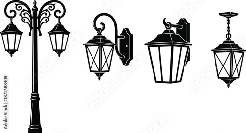 Classic vintage street lantern silhouettes set featuring ornate lamp post, wall mounted lantern, ceiling hanging lamp, and outdoor lighting icons