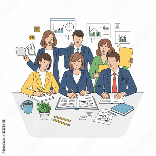 Professional business team actively collaborating and discussing data in a dynamic office meeting illustration