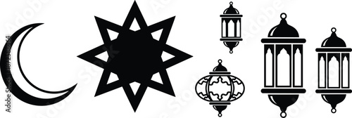 Islamic crescent moon and geometric star with hanging lantern silhouettes set for Ramadan decoration, spiritual symbols, and traditional Middle Eastern design