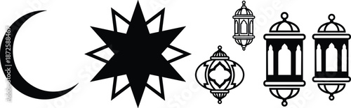 Islamic crescent moon and geometric star with traditional hanging lantern icons for Ramadan celebration, Muslim festival decor, and spiritual Middle Eastern design