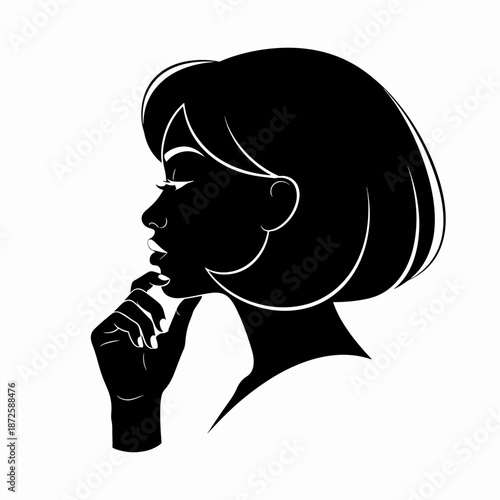 Elegant graphic silhouette of a woman's head in profile, pondering deeply with hand on chin.