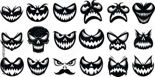 Scary Halloween pumpkin faces icon set, black jack o lantern monsters skull expressions collection for stickers logos posters vector illustration