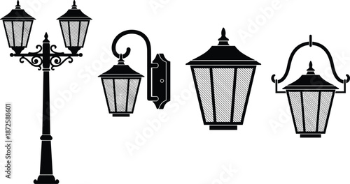 Vintage street lantern silhouettes set with classic lamp post, wall mounted lamp, and hanging outdoor light fixtures illustration