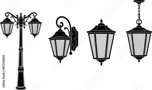 Vintage street lantern silhouettes set with ornate lamppost, wall mounted lantern, classic outdoor lamp, and hanging ceiling light icons