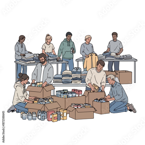 A group of diverse people packing food and goods into cardboard boxes on tables for ramadan charity. Perfect for charity, donation, and volunteerism presentations.