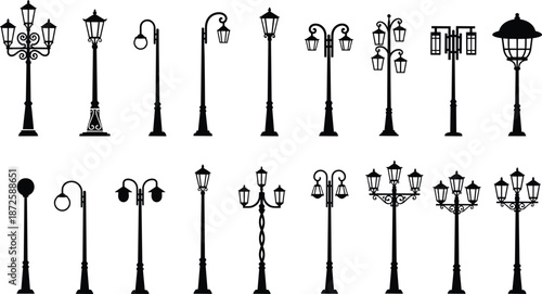 Vintage street lamp silhouettes set featuring classic ornate lamppost designs, decorative urban lighting elements, and traditional outdoor streetlight icons