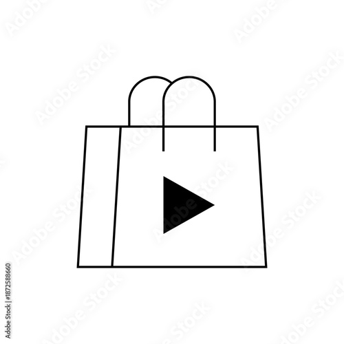 A minimalist vector graphic of a shopping bag with a play button on it, symbolizing e-commerce and video content