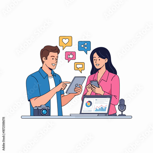 Digital content creators engaging on social media platforms with data analysis illustration
