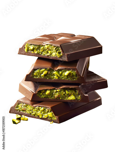 Dubai chocolate bar filled with pistachio isolated on white background.	