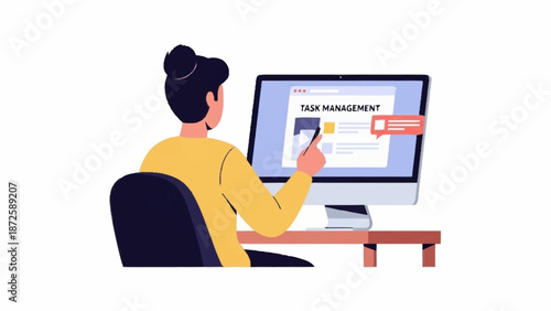 An illustration of a person efficiently managing digital tasks on a computer monitor using a stylus.