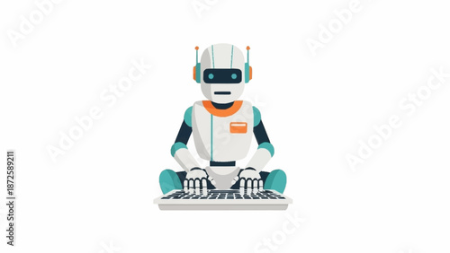 A friendly, modern robot with teal and orange details sits and types diligently on a computer keyboard.