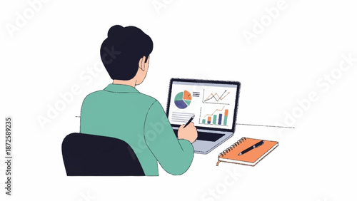 A person from behind analyzing business data and financial charts on a laptop, holding a pen at a desk with a notebook.