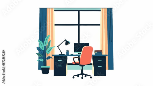 Flat vector illustration of a contemporary home office workspace featuring a desk, computer monitor, ergonomic chair, and a large window with curtains.