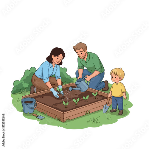 A family with a man, woman, and child planting green seedlings in a raised garden bed with gardening tools on a sunny day. Perfect for ramadan charity, gardening blogs, and environmental