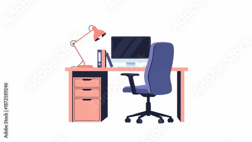 An organized minimalist desk setup featuring a computer monitor, an adjustable lamp, and a comfortable office chair.