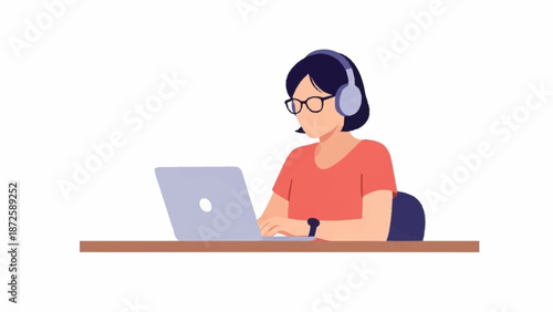 An animated person wearing a headset with a microphone, sitting at a desk and typing on a laptop.