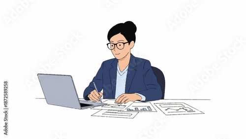 A focused professional woman in glasses working diligently at her desk, reviewing documents and writing notes next to a laptop.