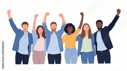 Diverse group of six individuals raising fists in a powerful display of unity, success, and empowerment.