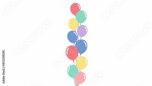 A cheerful vertical arrangement of multiple colorful pastel balloons, creating a festive and celebratory illustration.