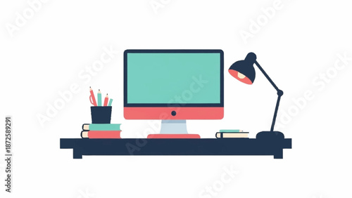 Minimalist illustration of a modern desktop workspace featuring a computer monitor, desk lamp, books, and stationery.