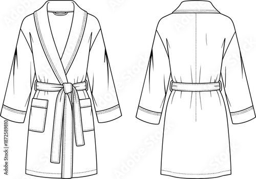 Bathrobe front and back technical design, kimono robe apparel template, fashion garment sketch, cad drawing flat vector illustration, mockup outline