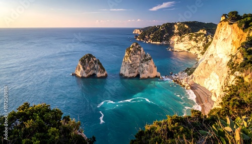 Coastal view featuring rock formations in the clear blue sea under a golden sunset