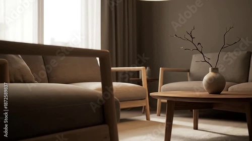 A contemporary modern living room interior features a luxury sofa and armchair near a fireplace, complete with elegant wood furniture and decor for a comfortable home design