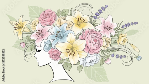 Woman Profile Silhouette With Floral Hair Arrangement.