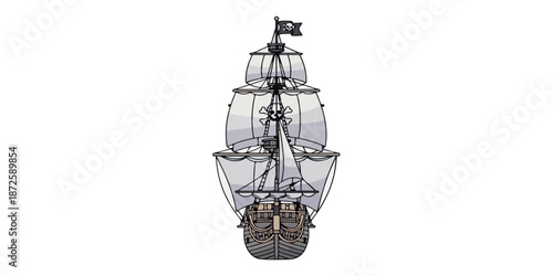 Detailed illustration of a classic pirate ship sailing on the open sea with clean outlines and balanced composition