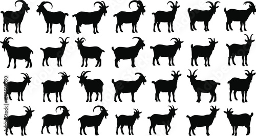 Black goat silhouettes collection, farm animal icons set, different poses horned goats, livestock symbol 