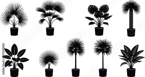 Black potted plant silhouettes, indoor tropical palm and foliage collection, botanical vector illustration set, minimalist decorative houseplant design for modern interior decor use