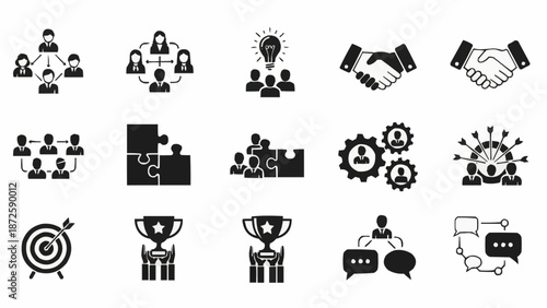 Collection of business and teamwork icons representing collaboration and success.