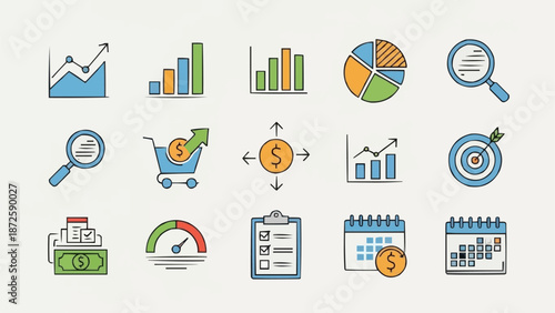 Collection of business finance and data analysis icons.