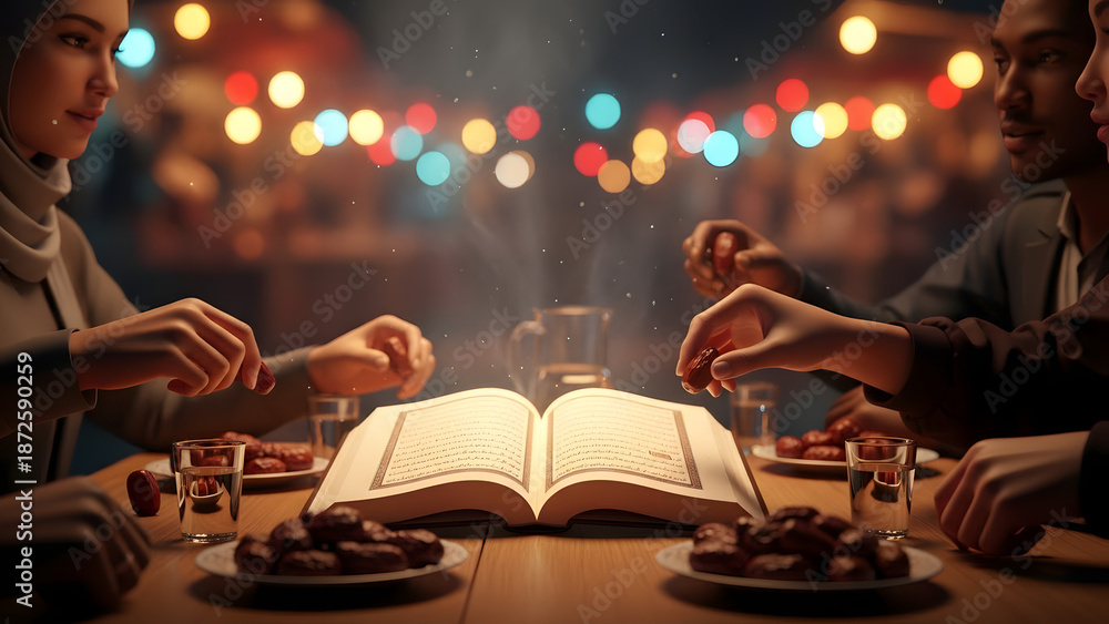 Naklejka premium A spiritual gathering centered around a book and food, with soft lighting enhancing the atmosphere. A group of individuals is gathered around a table with a glowing open book in the middle.