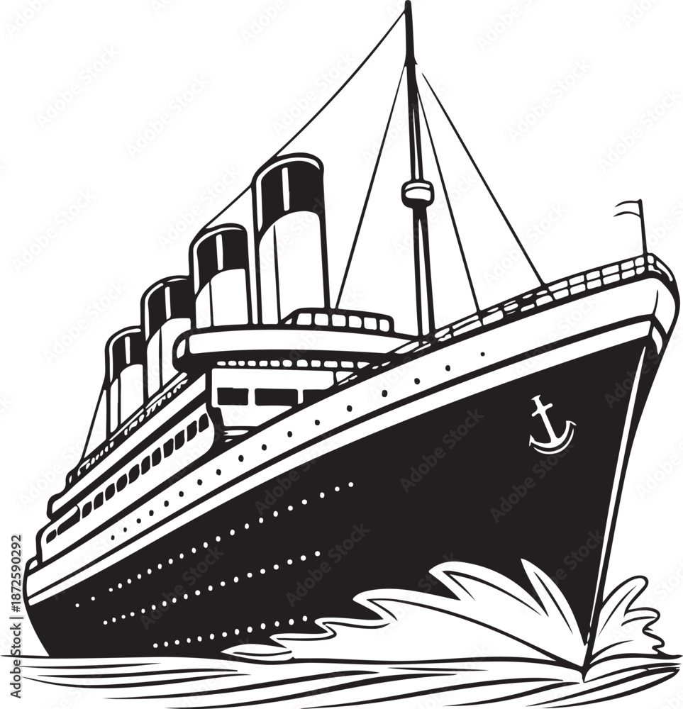 Fototapeta premium Luxury minimalist black Titanic ship silhouette flat vector icon with precise lines premium isolated transparent background design for branding use