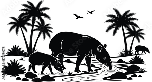 Capybara family silhouette in wetland habitat, wildlife animals resting in water with palms and birds, nature vector illustration isolated on white background