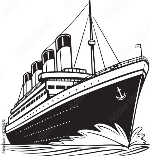Luxury minimalist black Titanic ship silhouette flat vector icon with precise lines premium isolated transparent background design for branding use