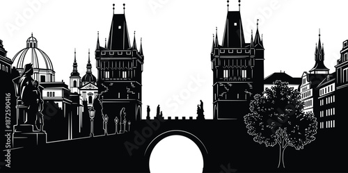 Charles Bridge Prague vector illustration with Old Town Bridge Tower, historic Gothic architecture, Vltava river landmark, and silhouettes of famous religious statues.