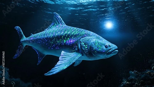 Majestic large blue fish swimming underwater towards sunlight